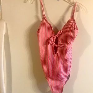Red and white striped one piece swimsuit size medium